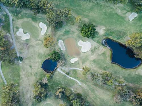 aerial view body of water surrounded with green trees painting golf